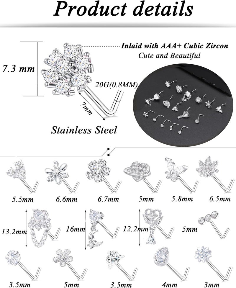 Tornito 16Pcs Nose Rings L Shaped Nose Stud Stainless Steel Butterfly Flower Leaf Heart Moon Dangle Nose Stud Ring Body Piercing Jewelry for Women Men 20G Pink Blue Clear CZ - Image 2